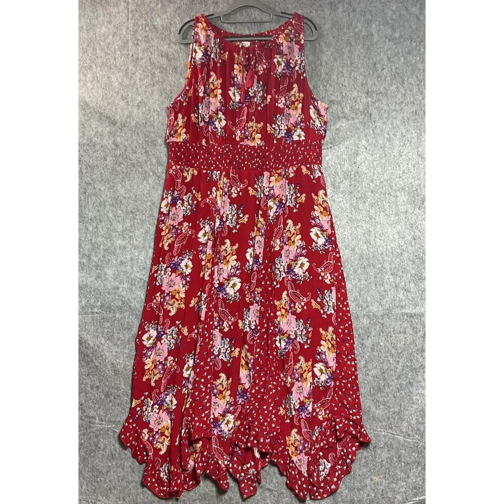 Bila Dress Womens XXL Red Floral Boho Smocked Tassel Maxi Handkerchief Hem